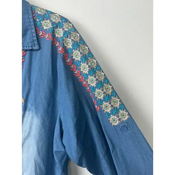 Andree By Unit Embroidered Floral Bttn Shirt Blouse L Boho Western Chambray B14 - Picture 4 of 8
